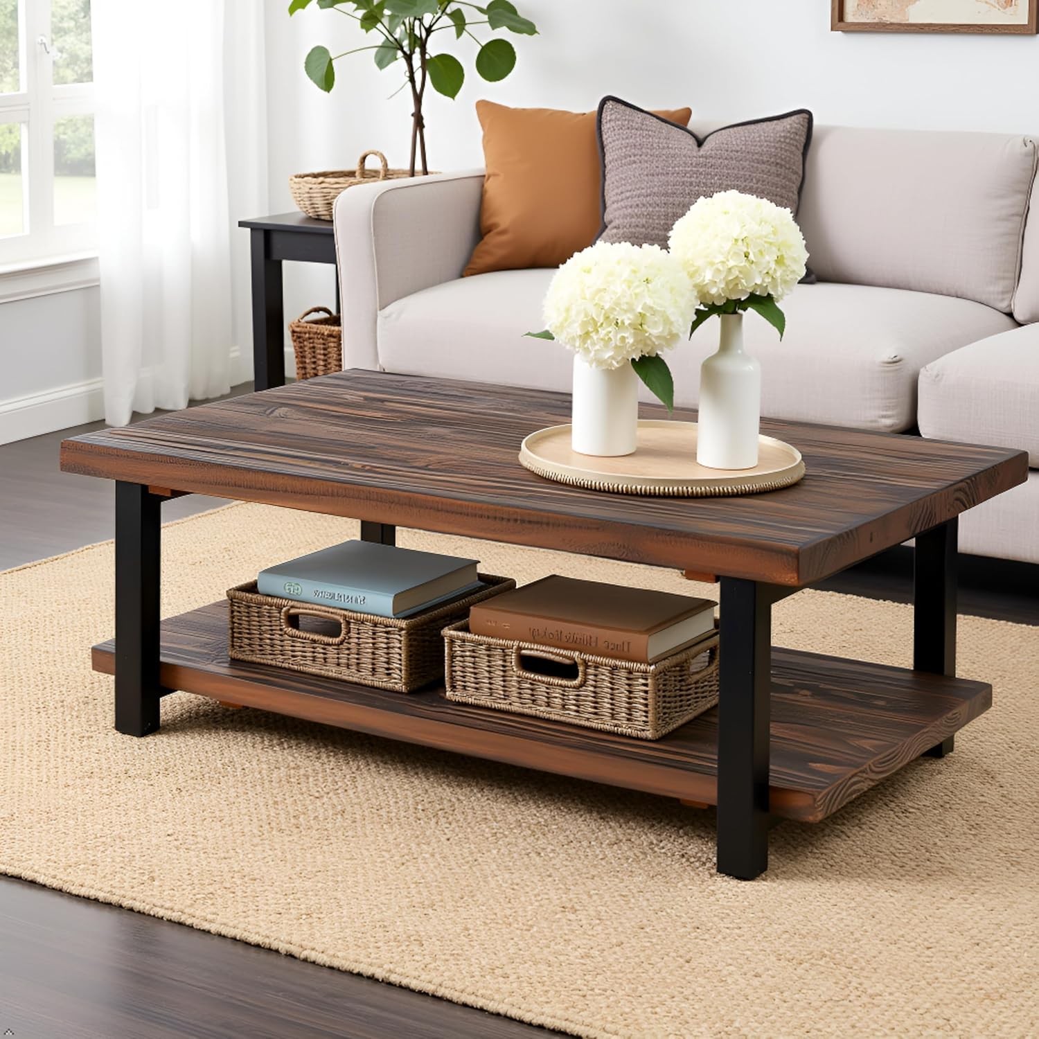 Alaterre Furniture Pomona Living Room 48 Inch Rectangular Solid Wood Coffee Table with Storage Shelf & Metal Legs – Rustic Industrial Farmhouse Large Living Room Table (Rustic Brown)