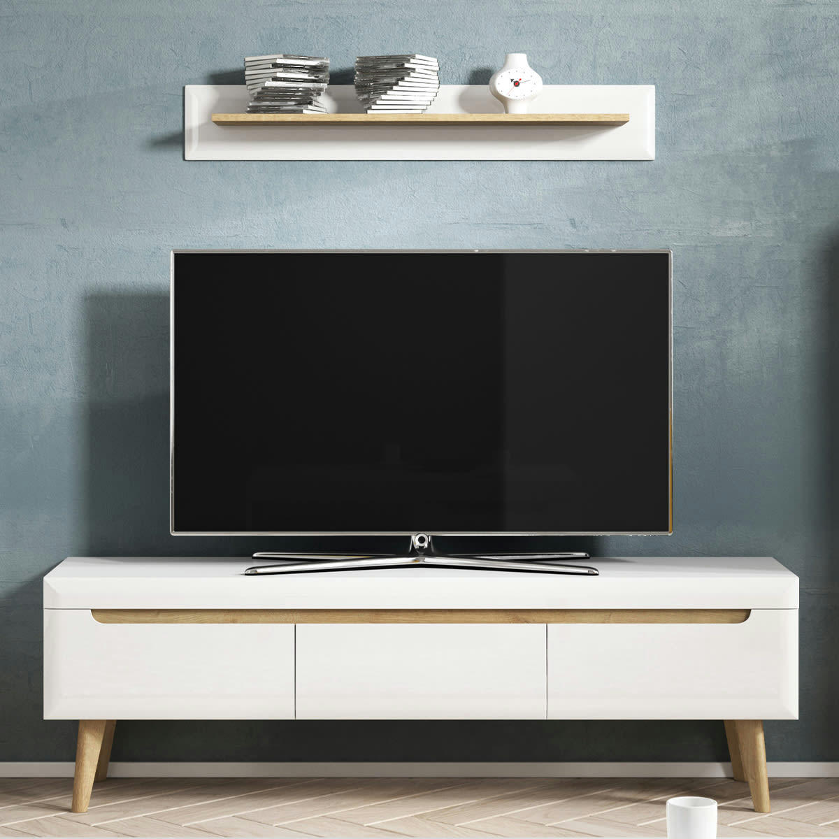 - Meuble tv 3 tiroirs 160 cm blanc et naturel