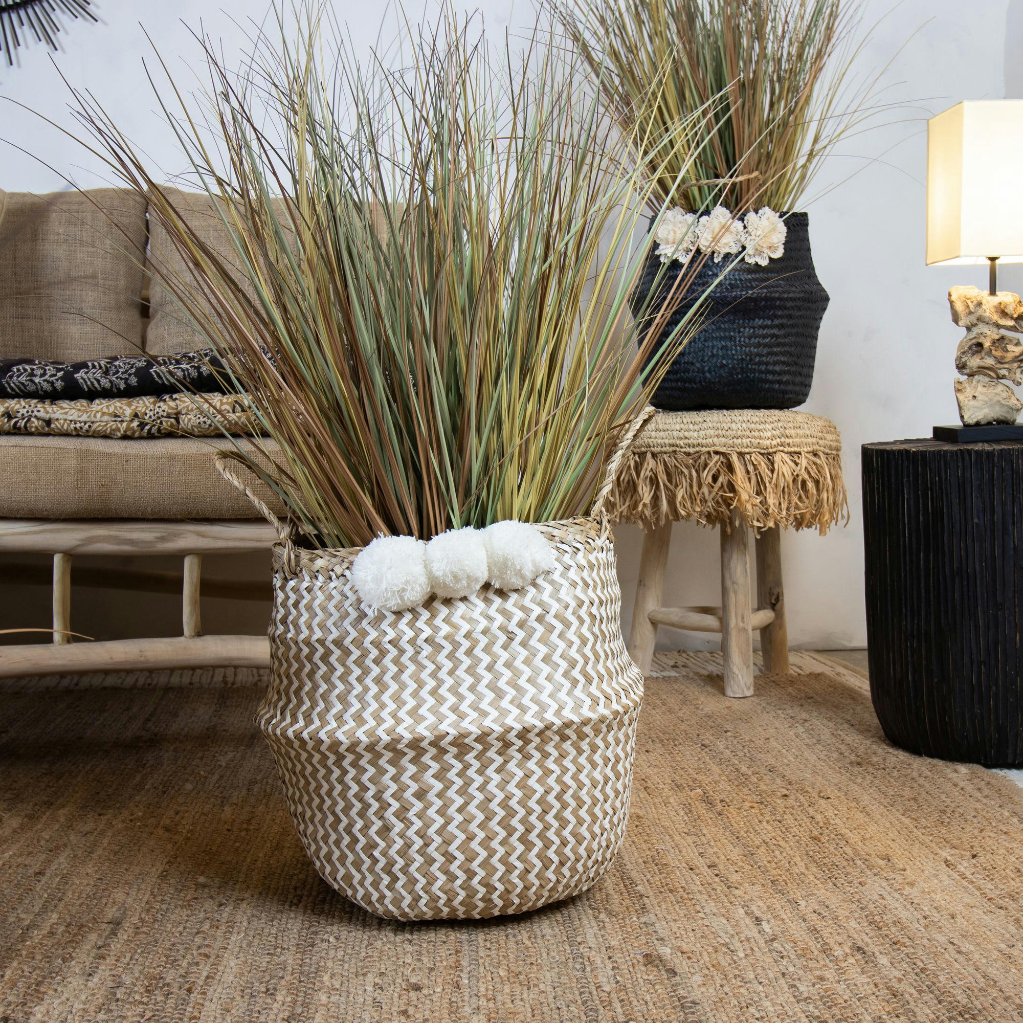 CANTHO - Panier pliable en jonc de mer avec pompons blancs h35cm