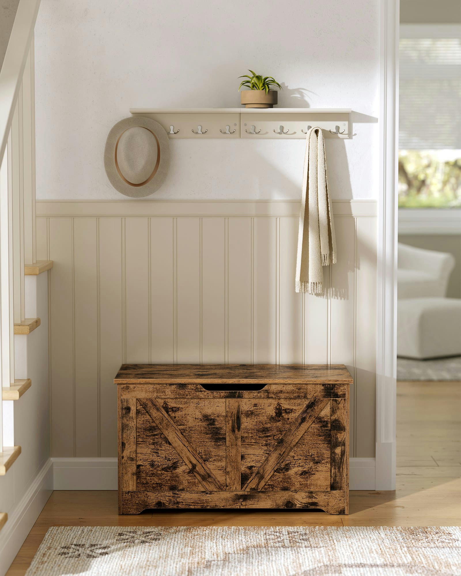 - Coffre de rangement style industriel effet bois marron rustique