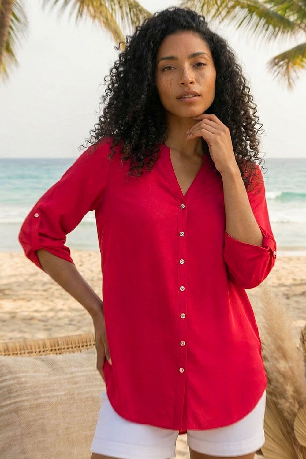 Roman Notch Neck Longline Blouse
