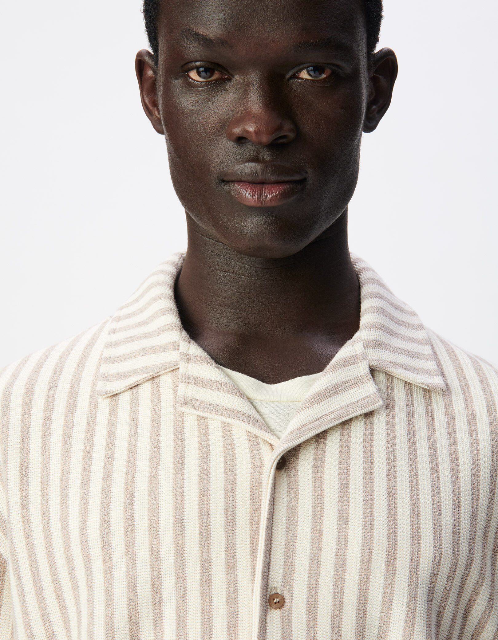 Chemise manches courtes beige maille rayures Homme