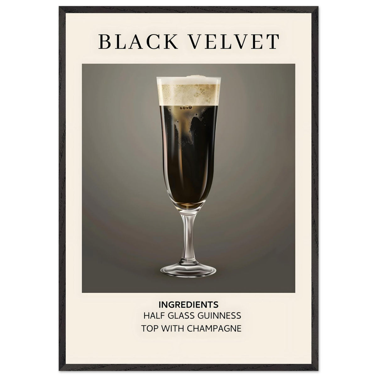 Artfulprints Poster met Lijst Black Velvet cocktail - Ingrediënten  - 70x100 cm - Zwart / Wit