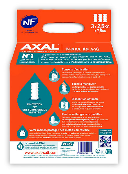 Blocs de sel pour adoucisseur d'eau, lot de 3 x 2.5 kg AXAL
