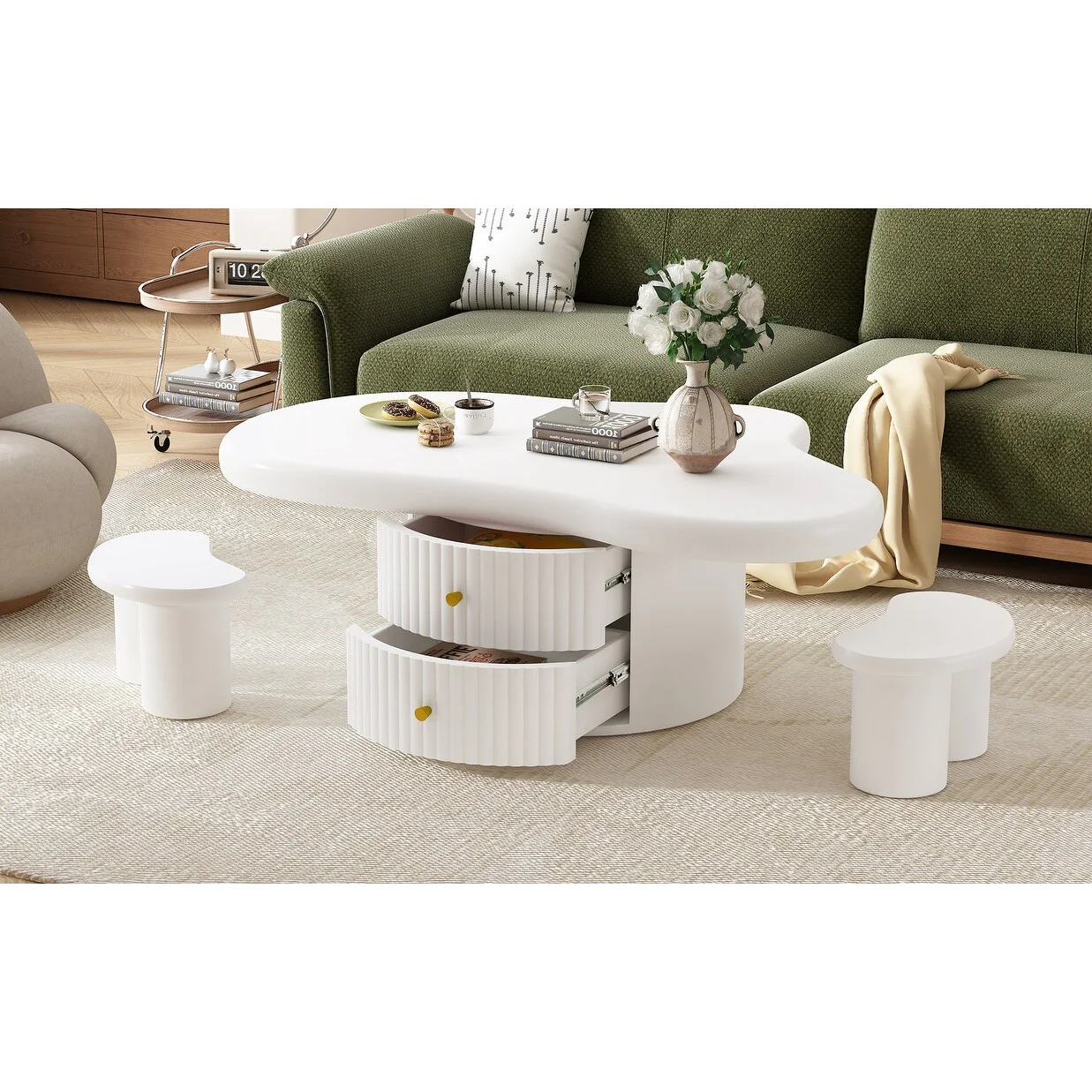 Cloud Coffee Table Set Of 3, Irregular Shape Coffee Table With 2 Drawers, 2 Small Stools