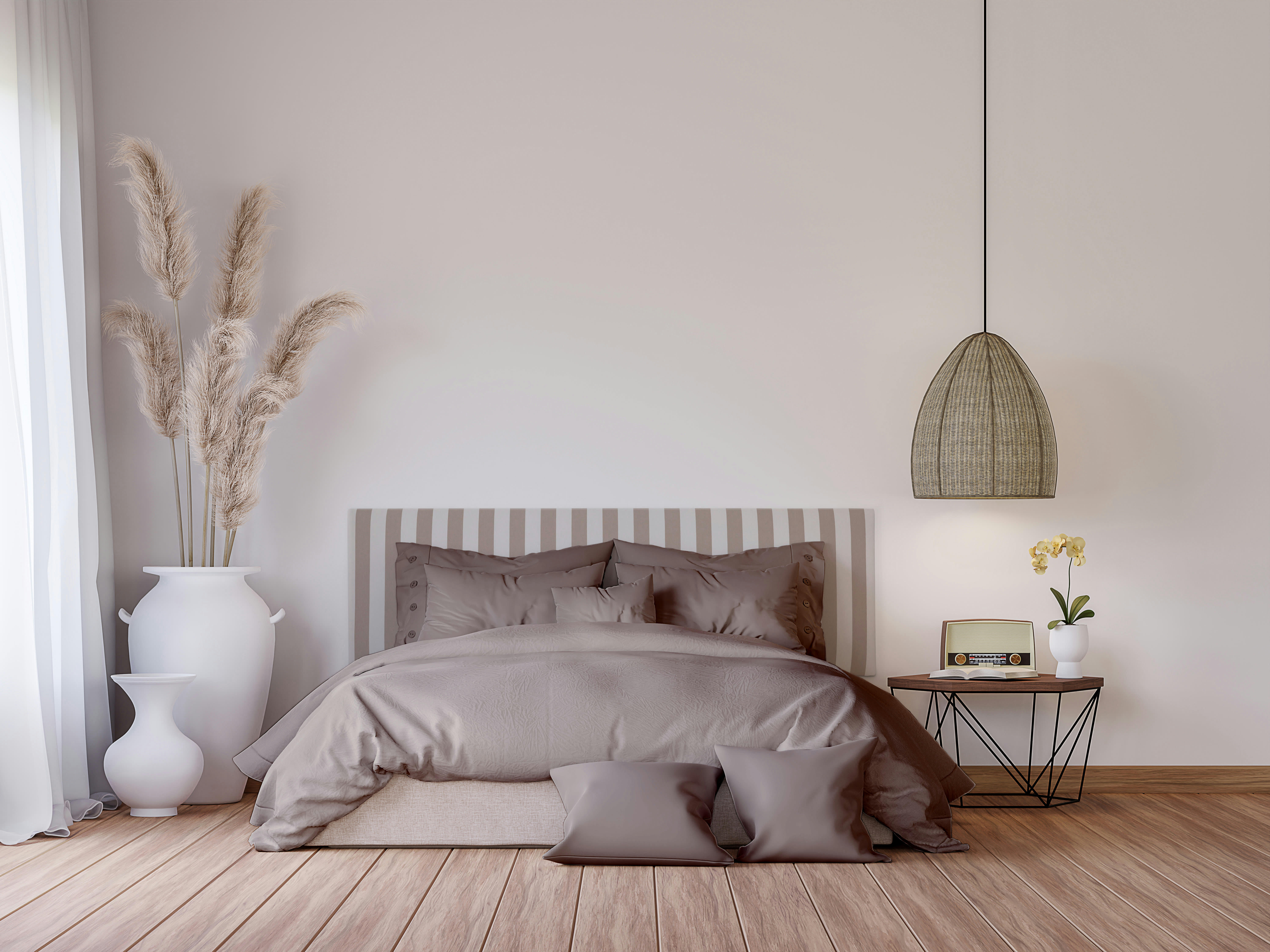 BILLIE SUANCES - Tête de lit tapissée en tissu rayé beige 145x52cm