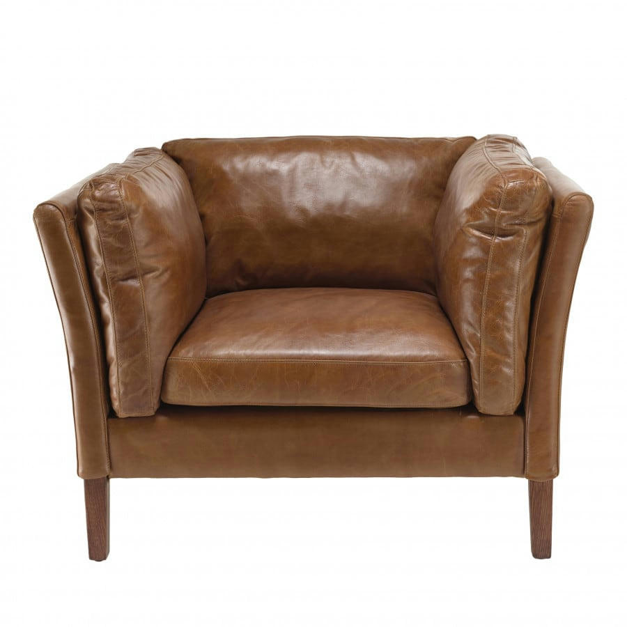 GASTON - Fauteuil vintage en cuir marron pieds en bois