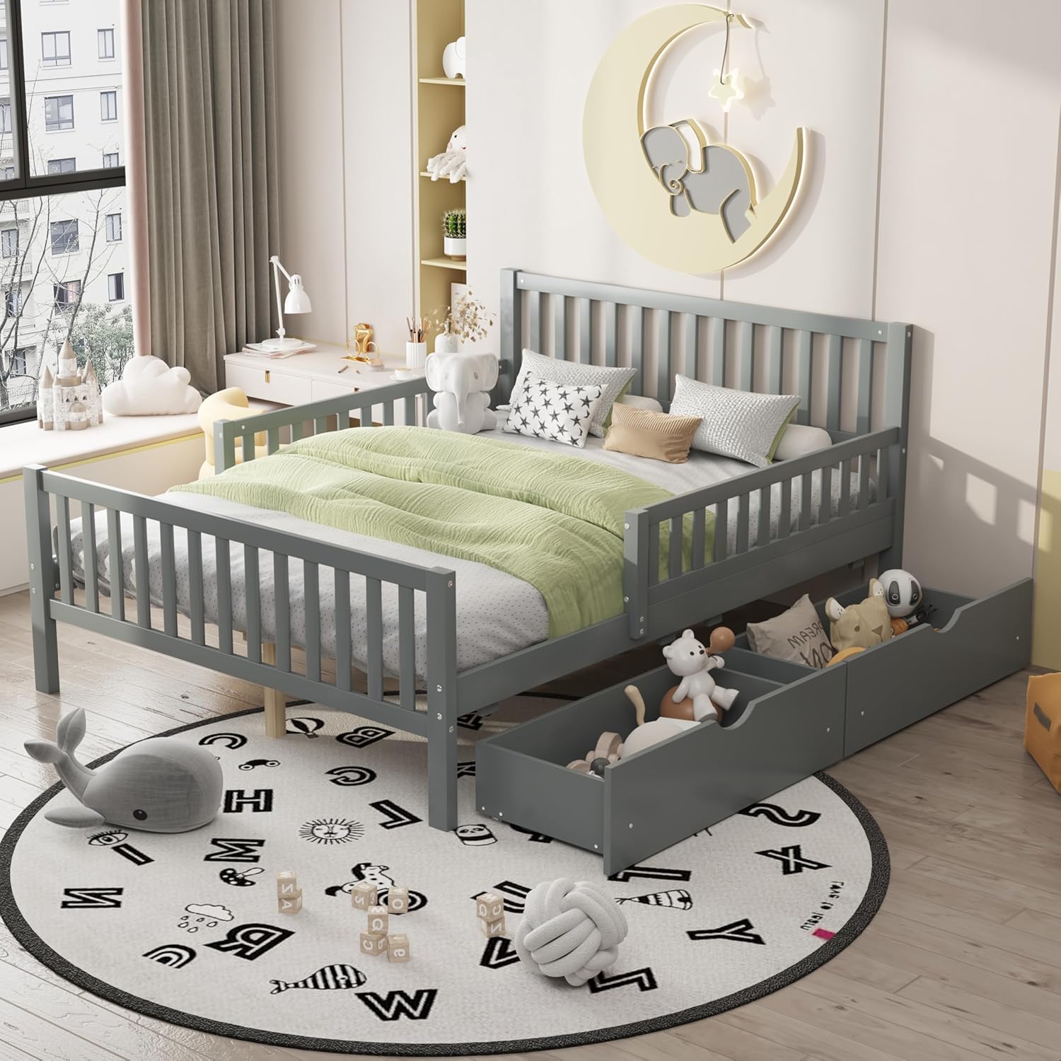 Merax Full Bed Frame with Storage Drawers and Safety Guardrails on Both Sides, Wood Platform Bed & Headboard and Footboard for Kids, Boys, Gilrls, Solid Slats Support, No Box Spring Needed, Gray