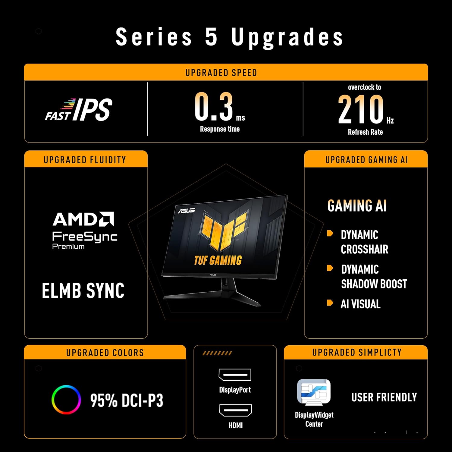ASUS TUF Gaming 27” 1440P Monitor (VG27AQL5A) – QHD (2560 x 1440)  210Hz  0.3ms  Fast IPS  Extreme Low Motion Blur Sync  Speakers  DisplayWidget Center  Gaming AI  Height Adjustment  3 yr Warranty