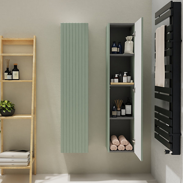 Meuble colonne salle de bain strié 140 cm suspendu - Vert mat - Karaib 2