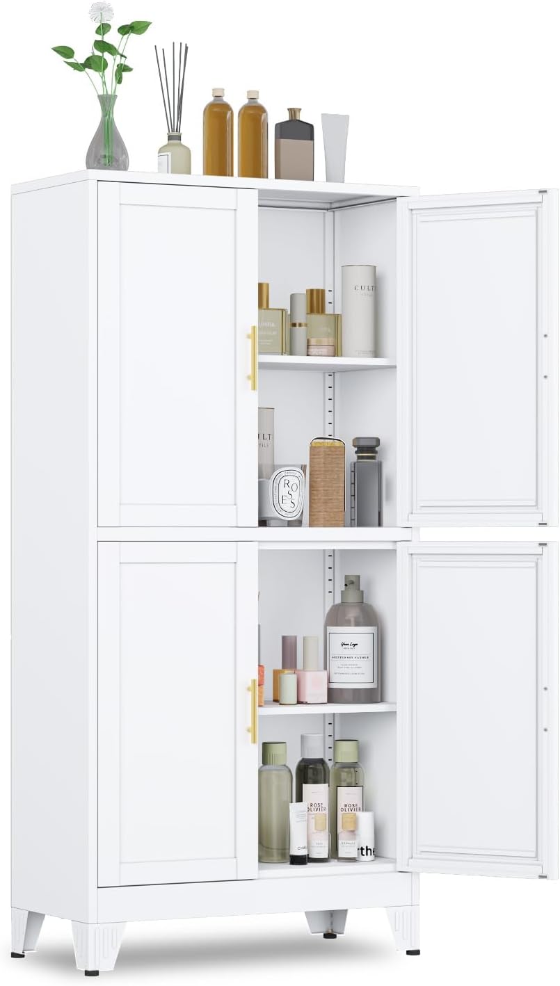 GAIOUS 47.25 Metal Pantry Cabinet, Storage Cabinets with 4 Door and 2 Adjustable Shelves, White Bathroom Cabinet, Freestanding Cupboard for Kitchen Dining Living Room Bathroom