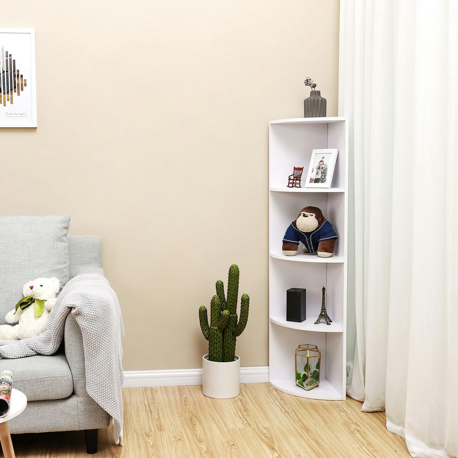 - Étagère d'angle 4 niveaux effet bois blanc