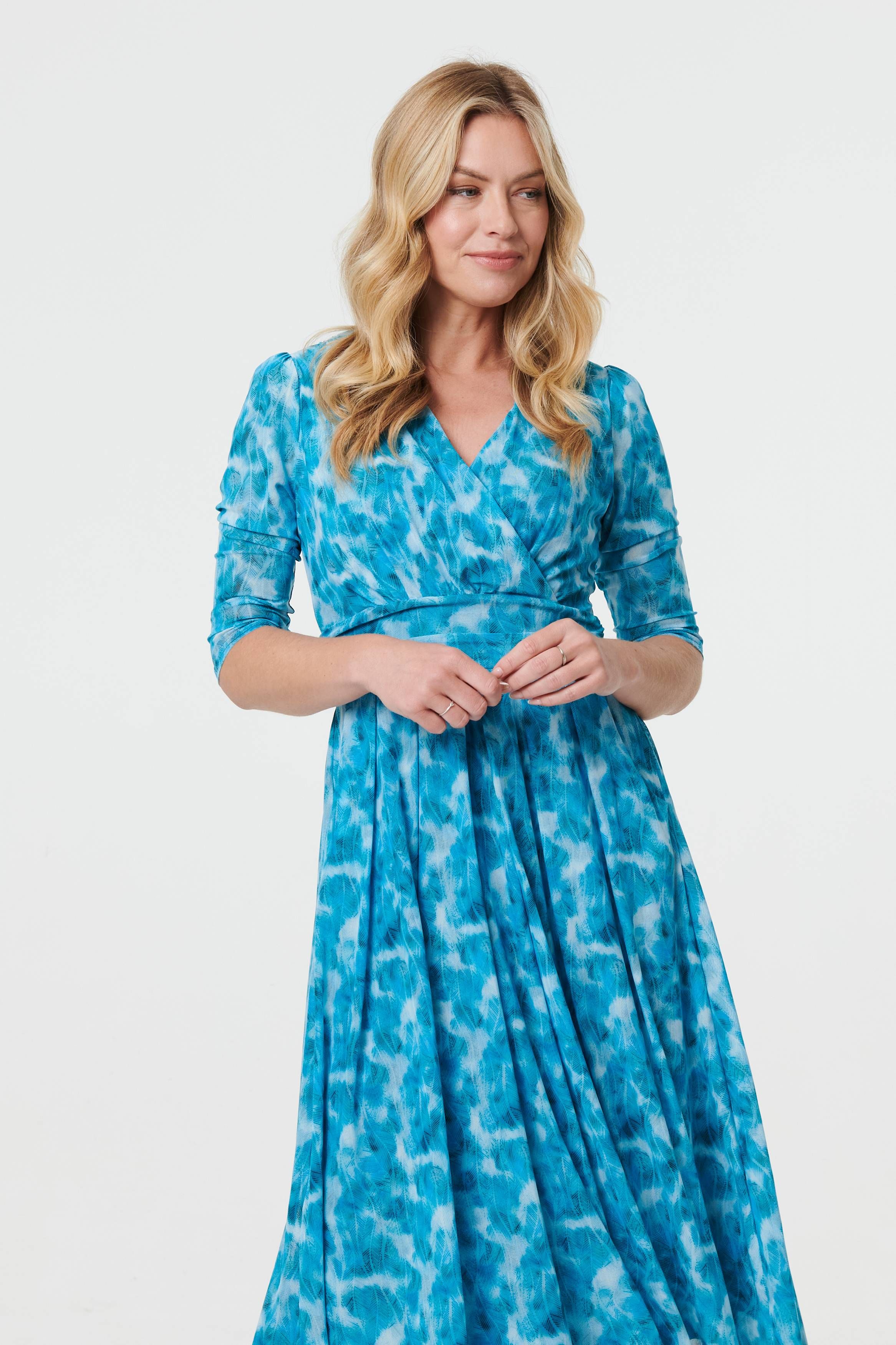 Izabel London Printed 3/4 Sleeve Midi Faux Wrap Dress