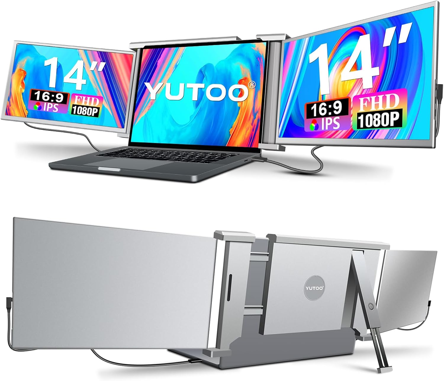 YUTOO Laptop Screen Extender  14 Portable Triple Monitor for Laptops 315° Rotate| Plug and Play| 1080P| FHD  Laptop Monitor Extender for 13.5~16.5 Laptops  HDMI/USB-A/Type-C for Mac/Wins/Android/Dex