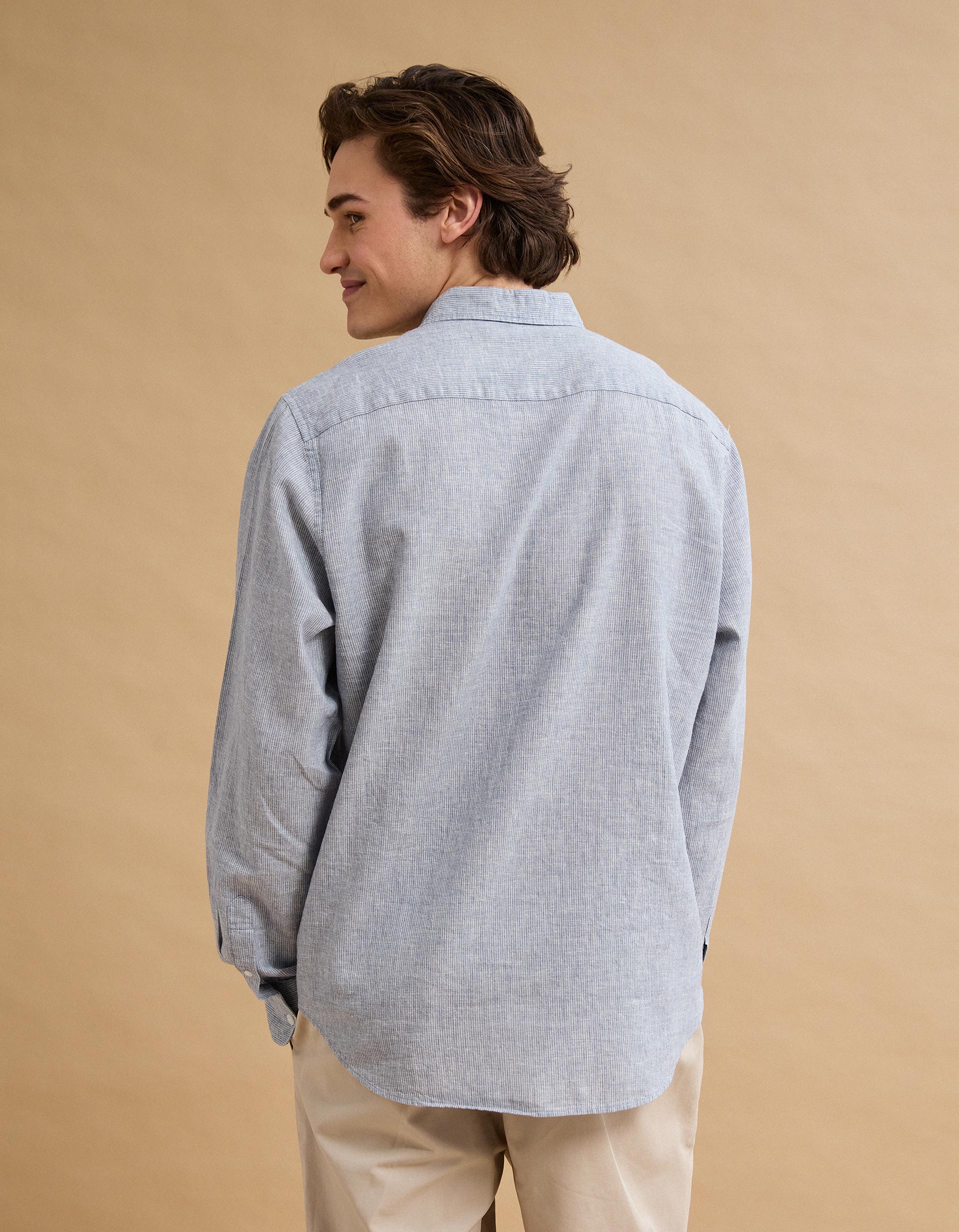 Camisa Riscas com Linho, Homem, Azul Escuro