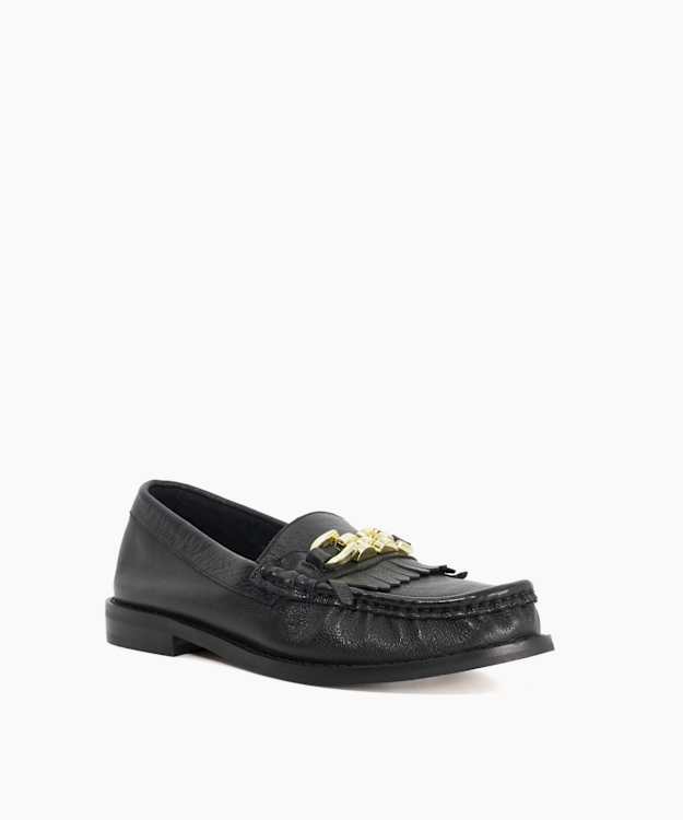 Granules Black - Leather Gold Chain Trim Fringed Loafer