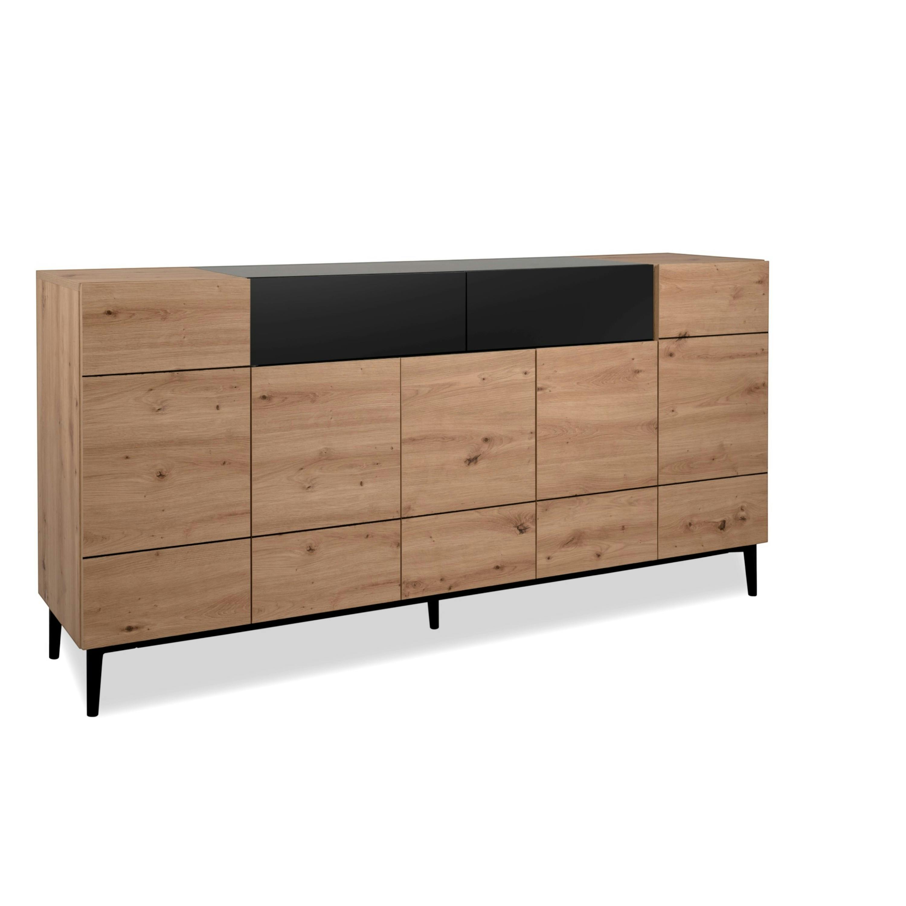 Buffet moderne 5 portes 1 tiroir décor bois et noir ALVA