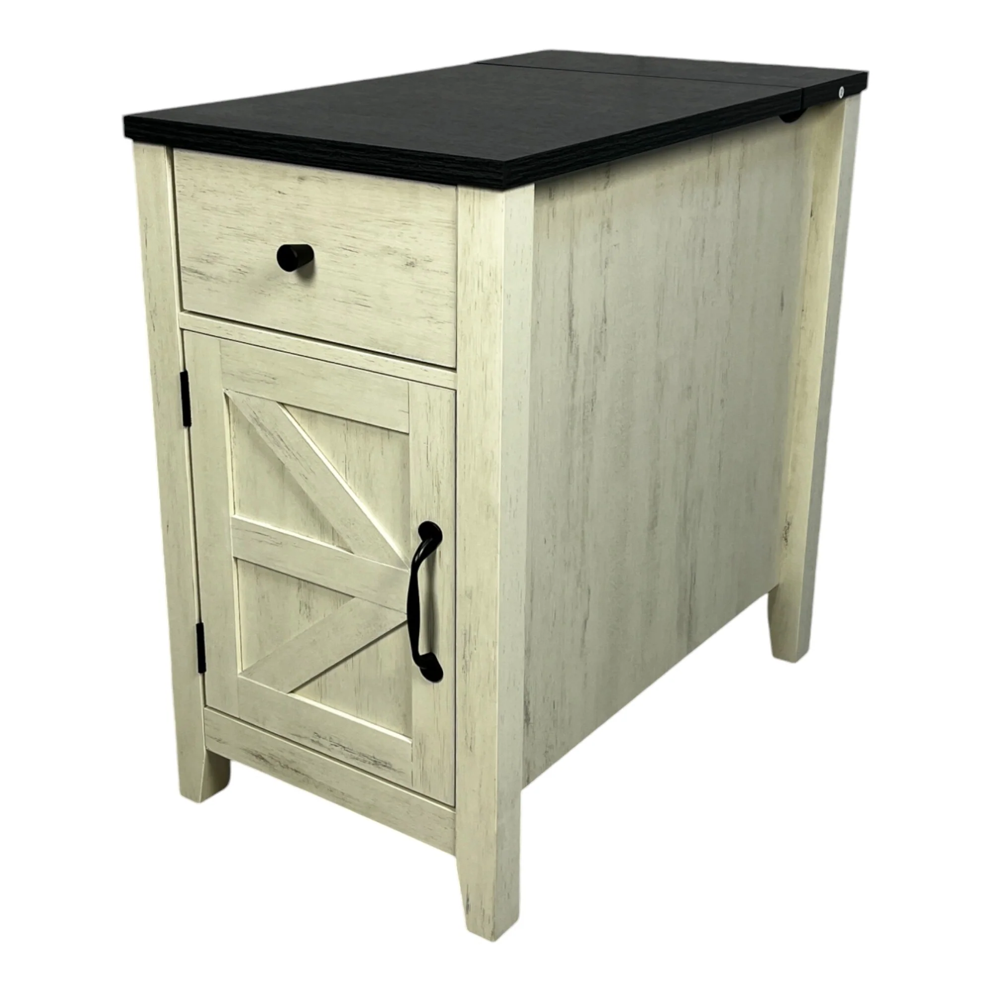 Farmhouse End Table Bedside Table With Charging Station, Night Stand With Barn Door And Drawer