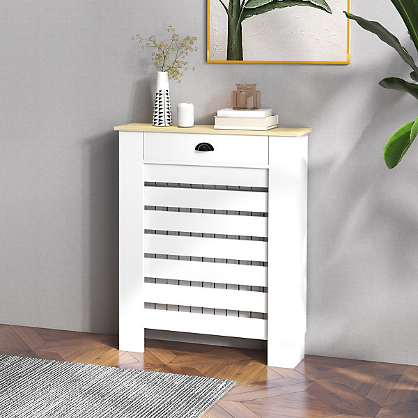 Cache-radiateur design panneau avec tiroir lattes horizontales dim. 78 x 19 x 95 cm effet bois clair blanc