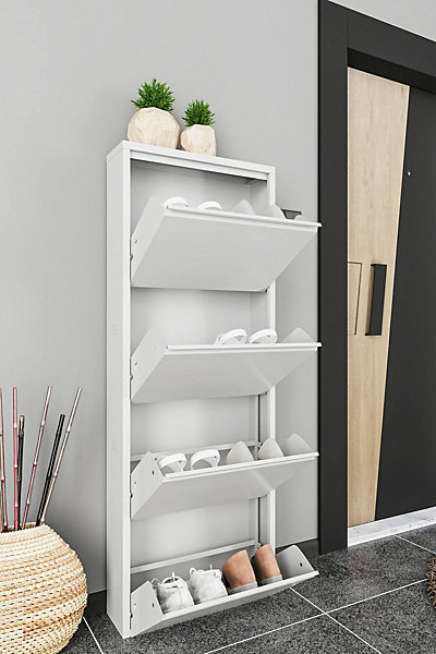 Meuble à chaussures Gonzalo, Meuble à chaussures, Armoire d'entrée polyvalente, Rangement pour chaussures, 50x15h138 cm, Blanc