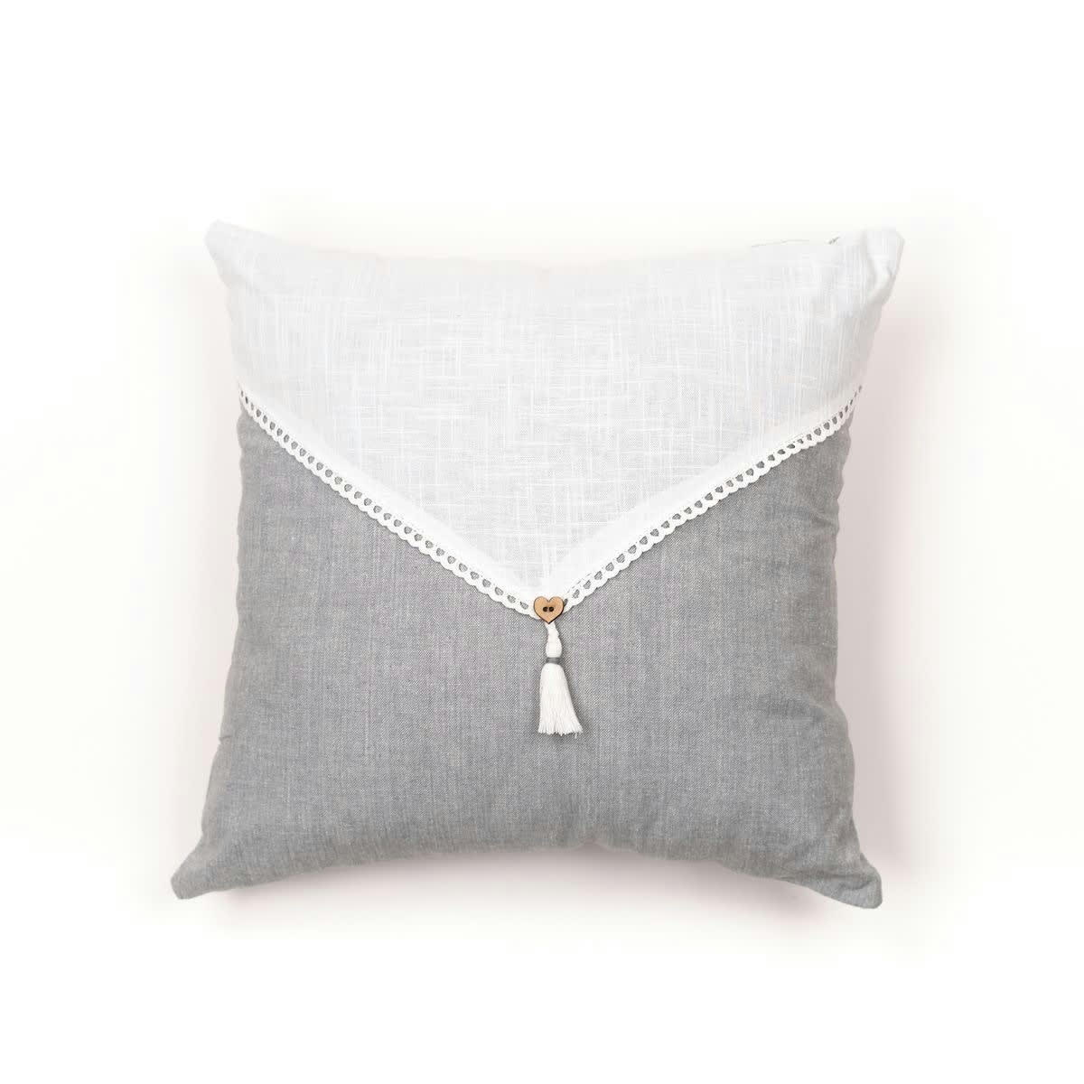 CHARME - Coussin déhoussable avec pompon en coton gris 40x40