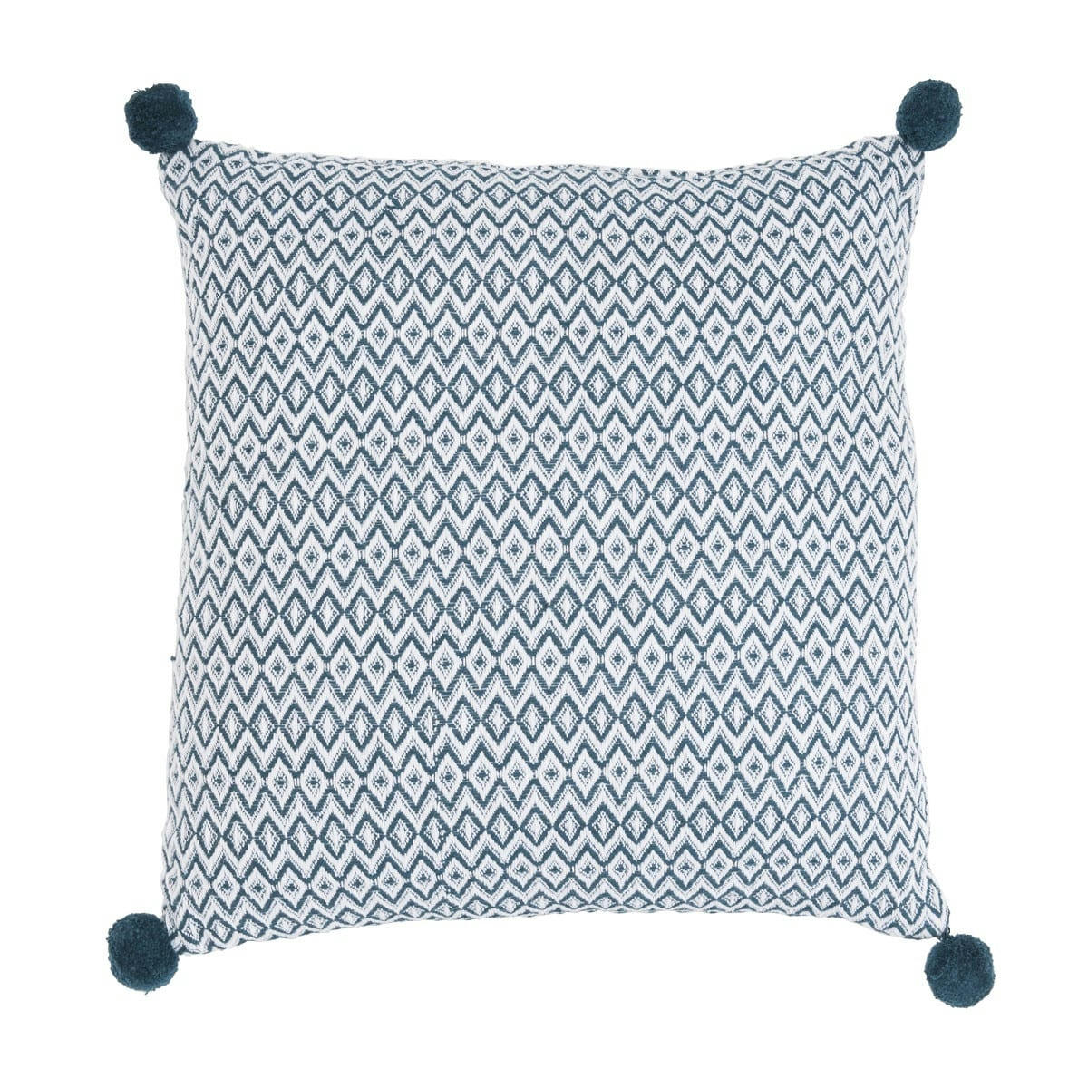 CALLISTO - Coussin polycoton bleu avec pompons 40x40cm