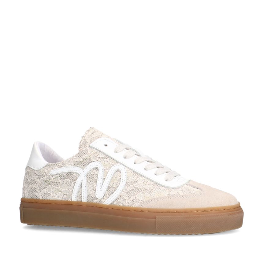 Manfield Beige leren sneakers met kanten details