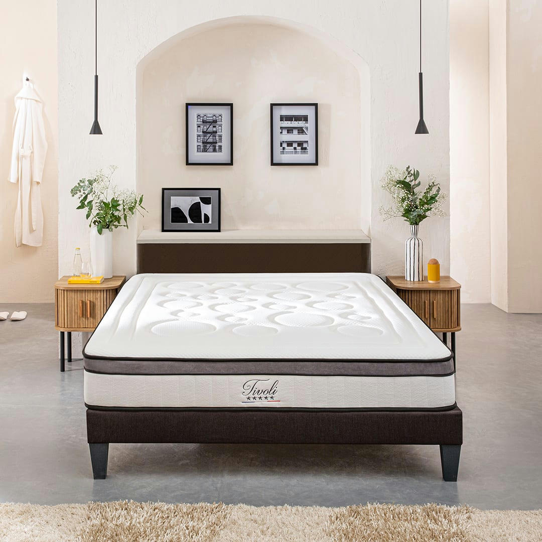 TIVOLI - Pack  160x200  Matelas + Sommier Bois + Alèse anti punaise