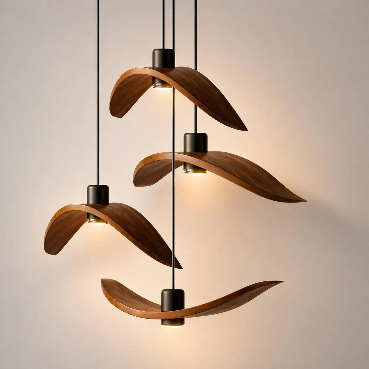 Wooden Wing Pendant Light, Sculptural Scandinavian Chandelier, Handmade Statement Lighting, Warm Minimalist LED Fixture Light