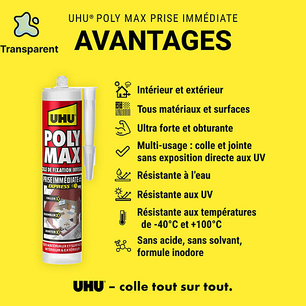 Colle mastic prise immédiate express UHU invisible cartouche 300g
