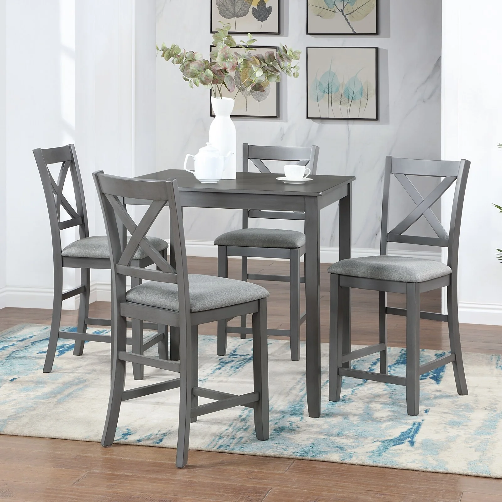 Kitchen Table and Chairs for 4, 5 Piece Wooden Dining Table Set w/4 Upholstered Chairs, Square Counter Height Dining Room Table