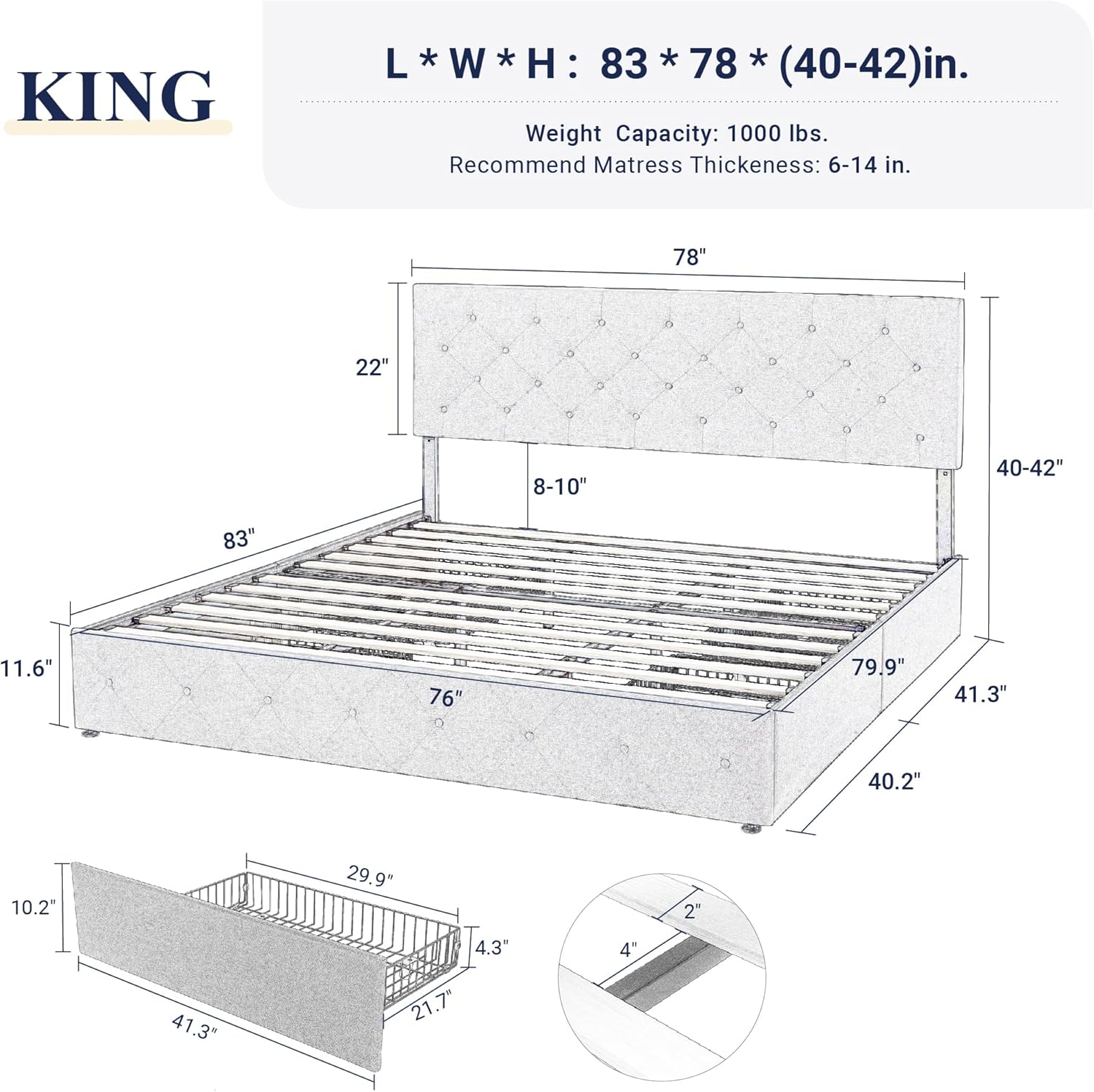 Allewie Upholstered King Size Platform Bed Frame with 4 Storage Drawers and Headboard, Diamond Stitched Button Tufted, Mattress Foundation with Wooden Slats Support, No Box Spring Needed, Beige