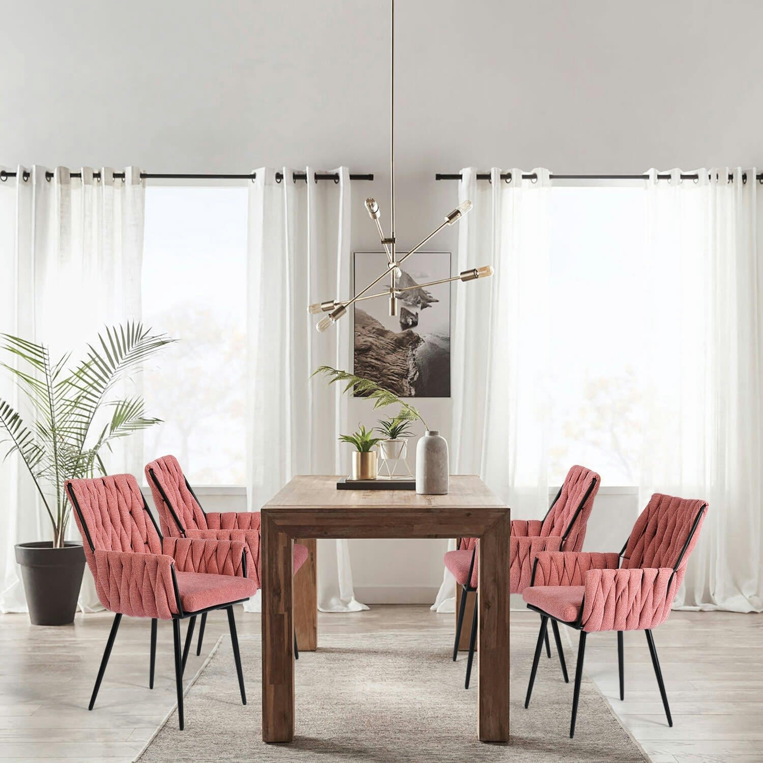 - Lot de 2 chaises salle à manger tissu rose tricoté pieds noir