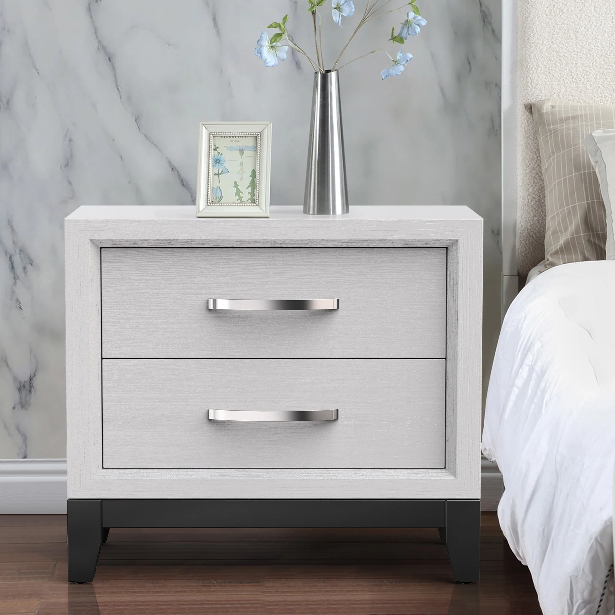 Contemporary White Solid Wood 2-Drawer Nightstand End Table