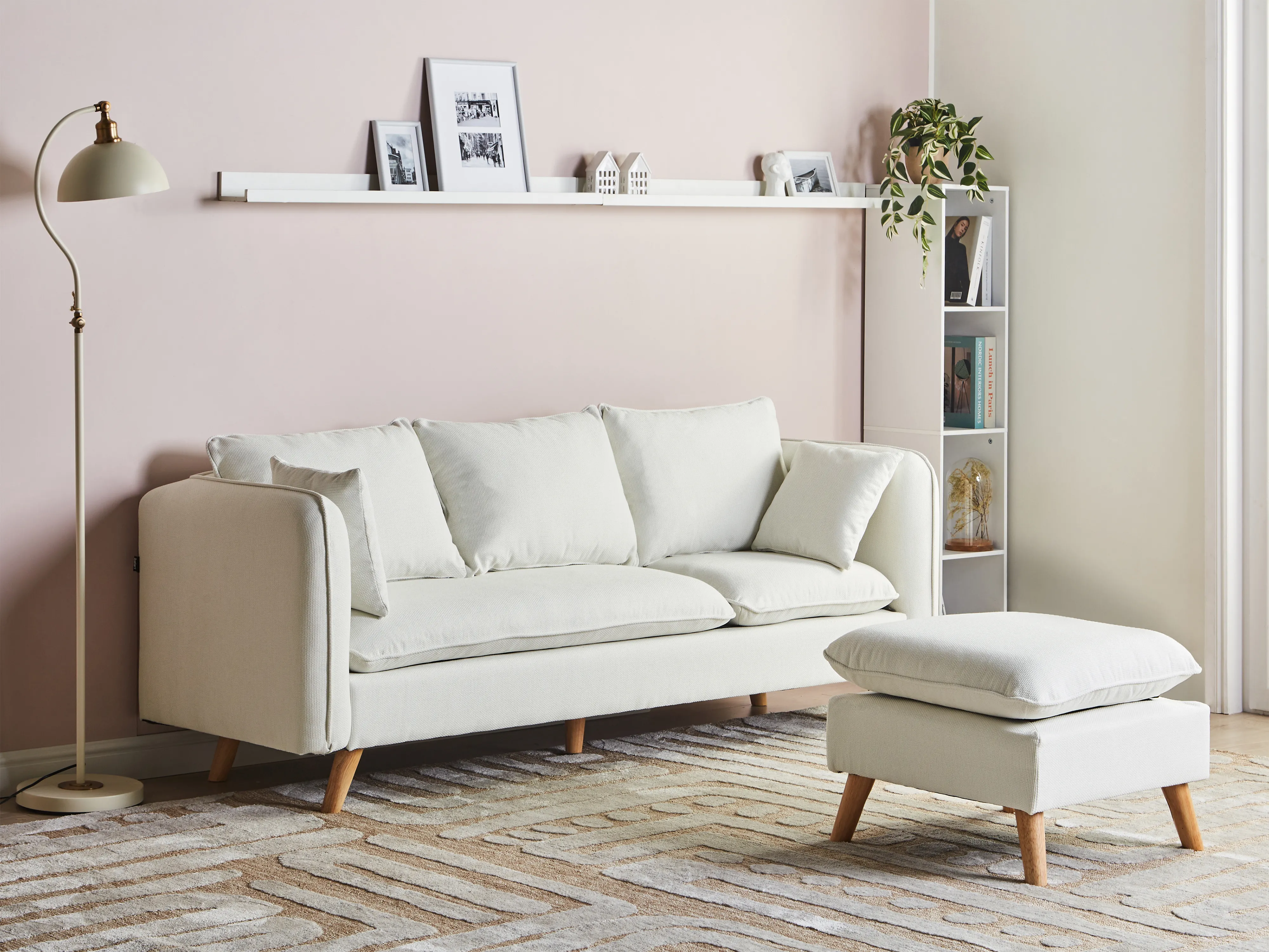 Sofa 3 Seater DALVIK Fabric White with Ottoman