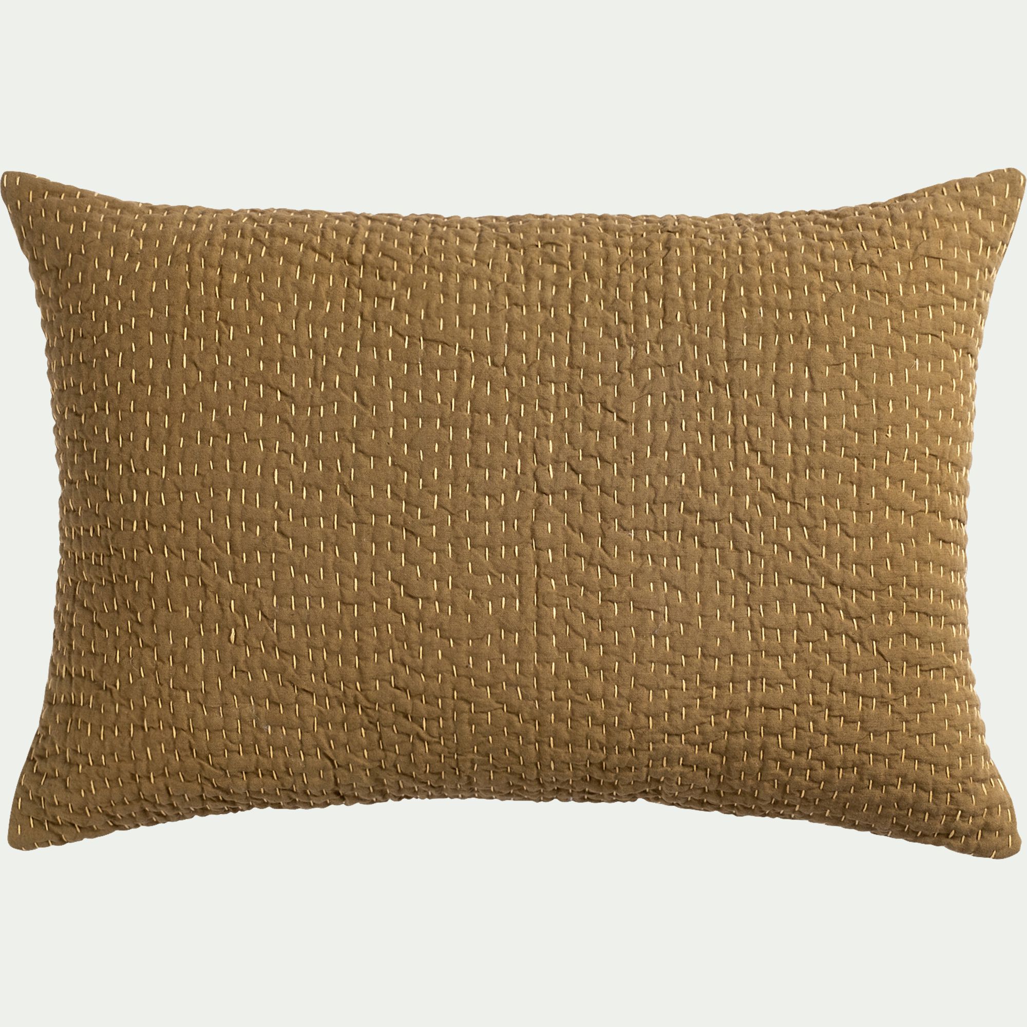 KANTA - Coussin avec surpiqûres Kantha en lin et coton 40x60cm - vert mousse