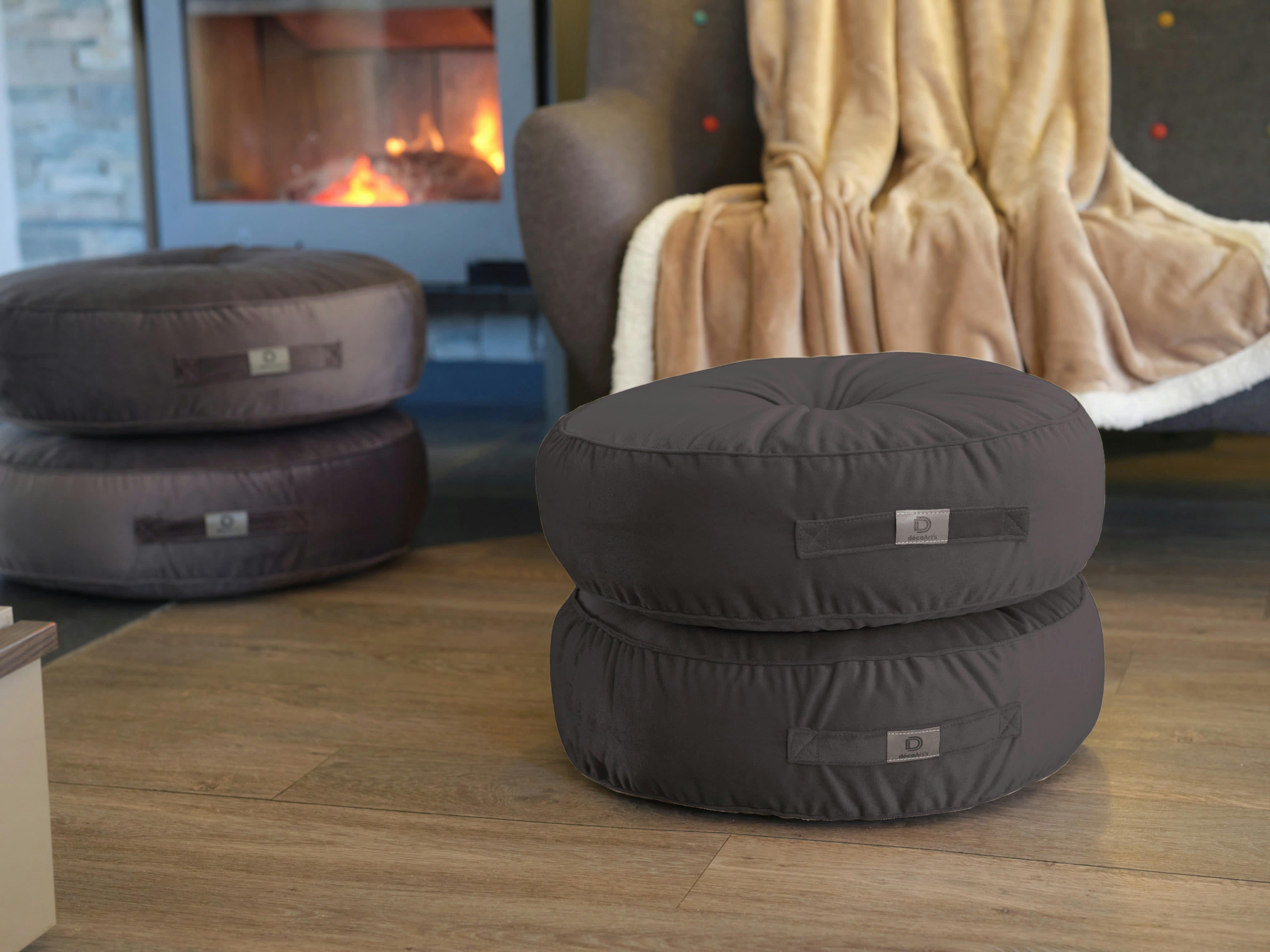 - Pouf en velours diamètre 50 lot de 2 - gris foncé