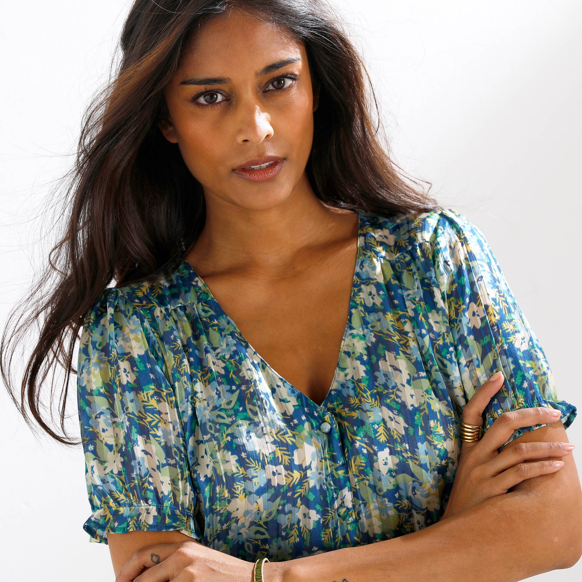 Chemisier boutonné manches blousantes imprimé, voile jacquard