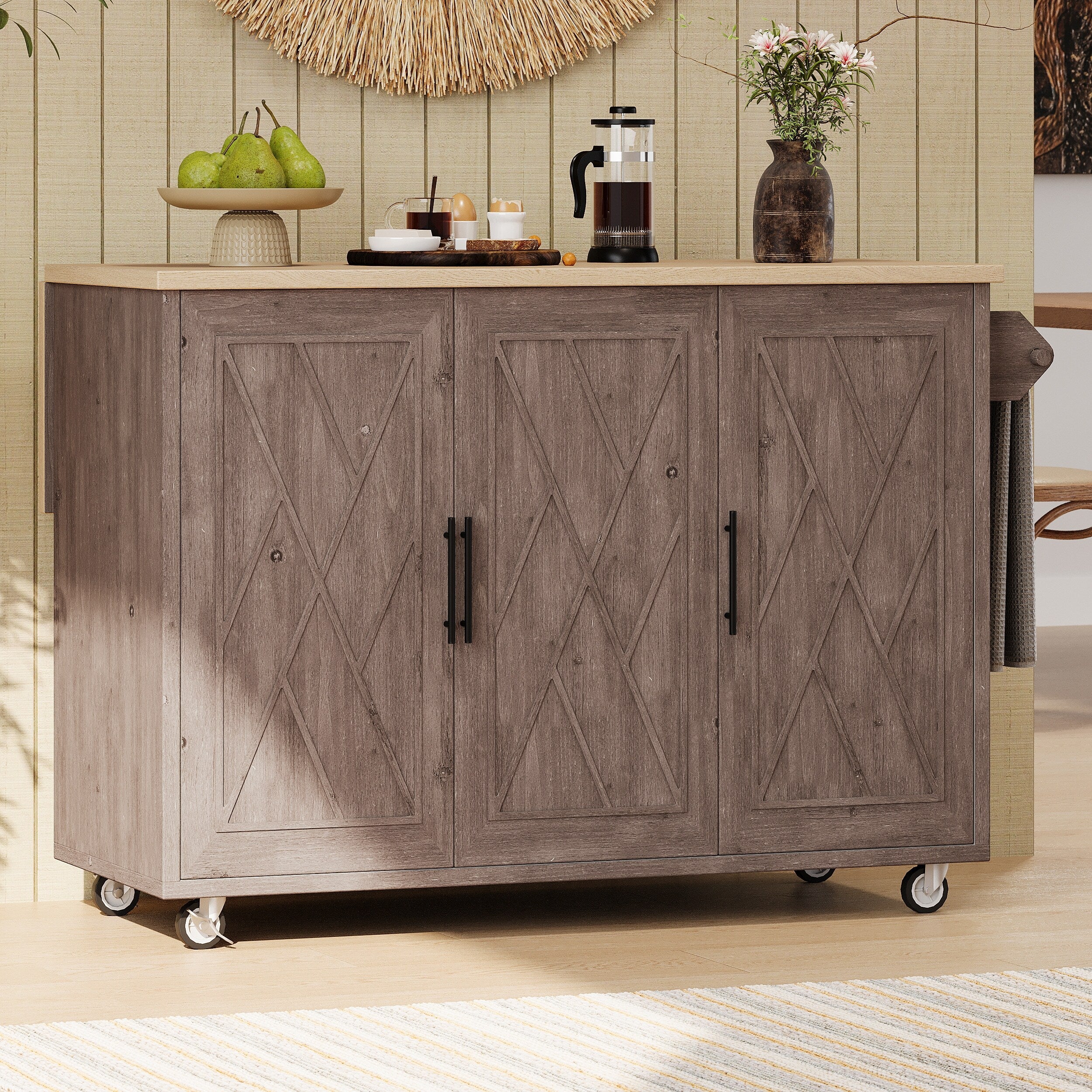 51.2W Geometric Textured Kitchen Island with Drop Leaf, Internal Storage Rack, Rolling Kitchen Cart with Towel Rack