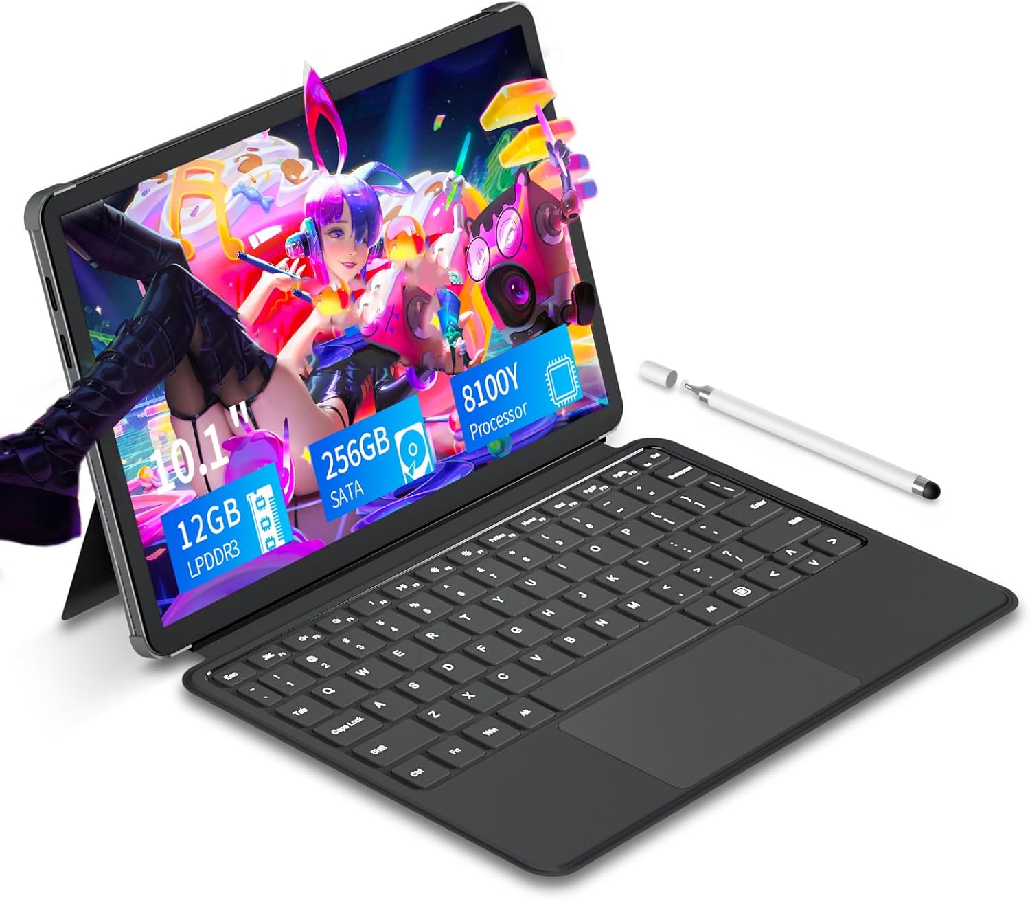 10.1 inch 2 in 1 Laptop 12 GB DDR3 256GB SSD  M3-8100Y Processor (up to 3.40GHz)  800 * 1280 Touch Display  Wifi5  Bluetooth 5.0  HDMI*1  Type C Full Function  Backlit Keyboard  Win11 Laptop