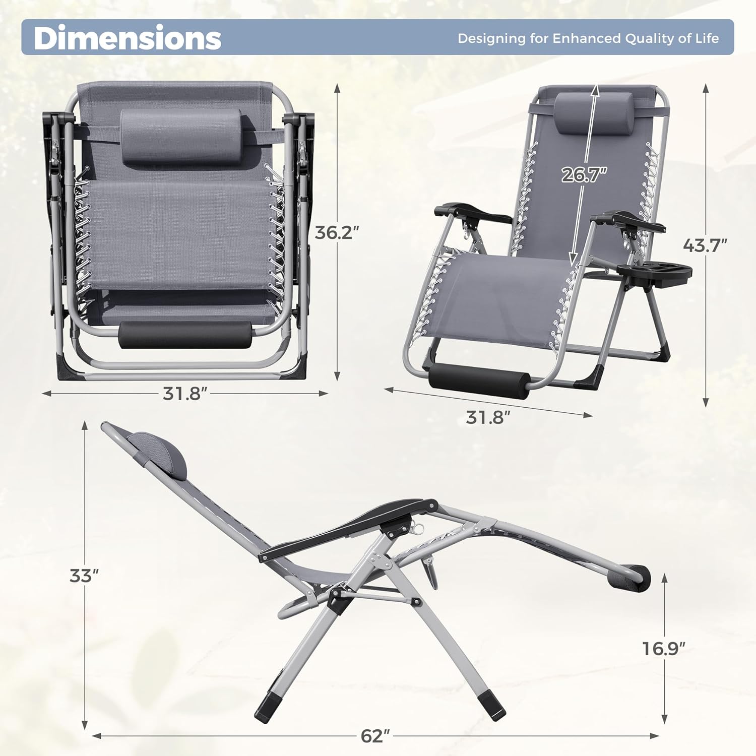Homall Oversized Zero Gravity Chair, 32In Recliner Lounge Chair with Removable Soft Cushion and Cup Holder, Adjustable Anti Gravity Chair Folding Patio Chairs Padded for Indoor and Outdoor, Grey