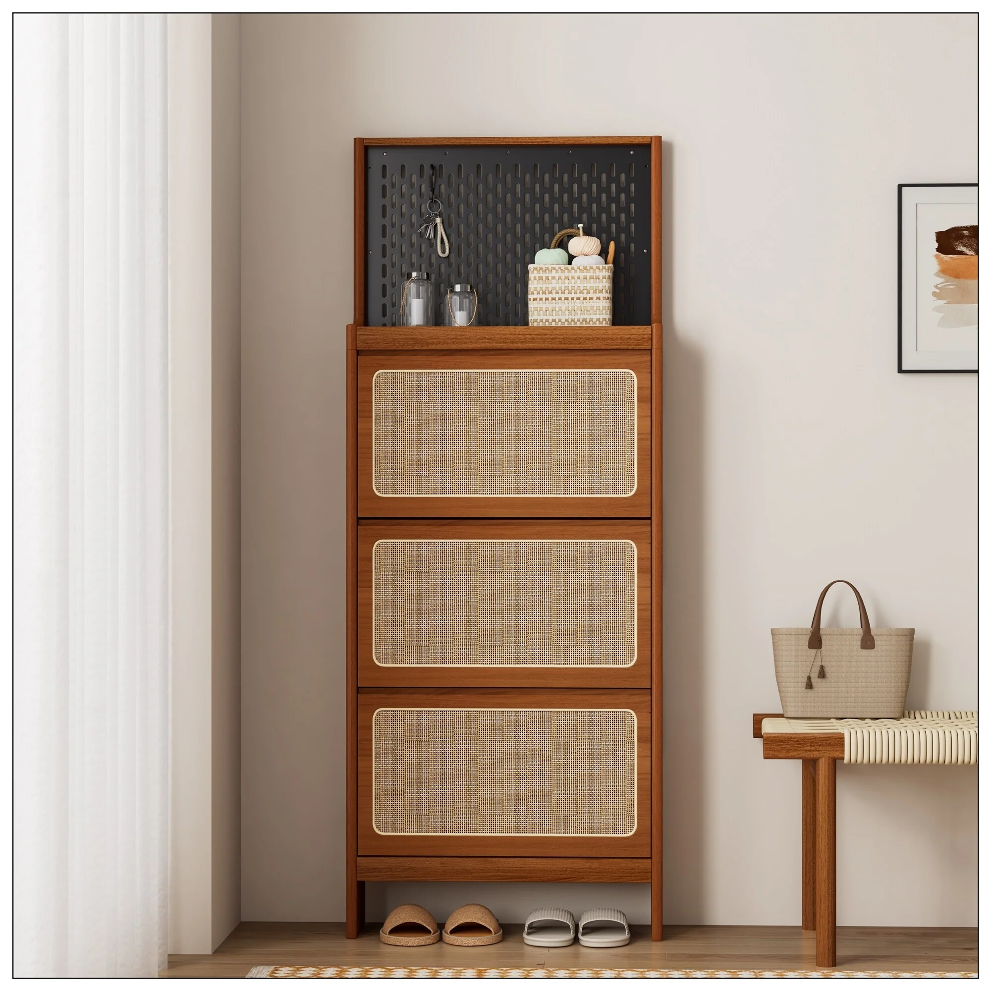 Rattan Shoe Cabinet with 3 Flip Drawers for Entryway