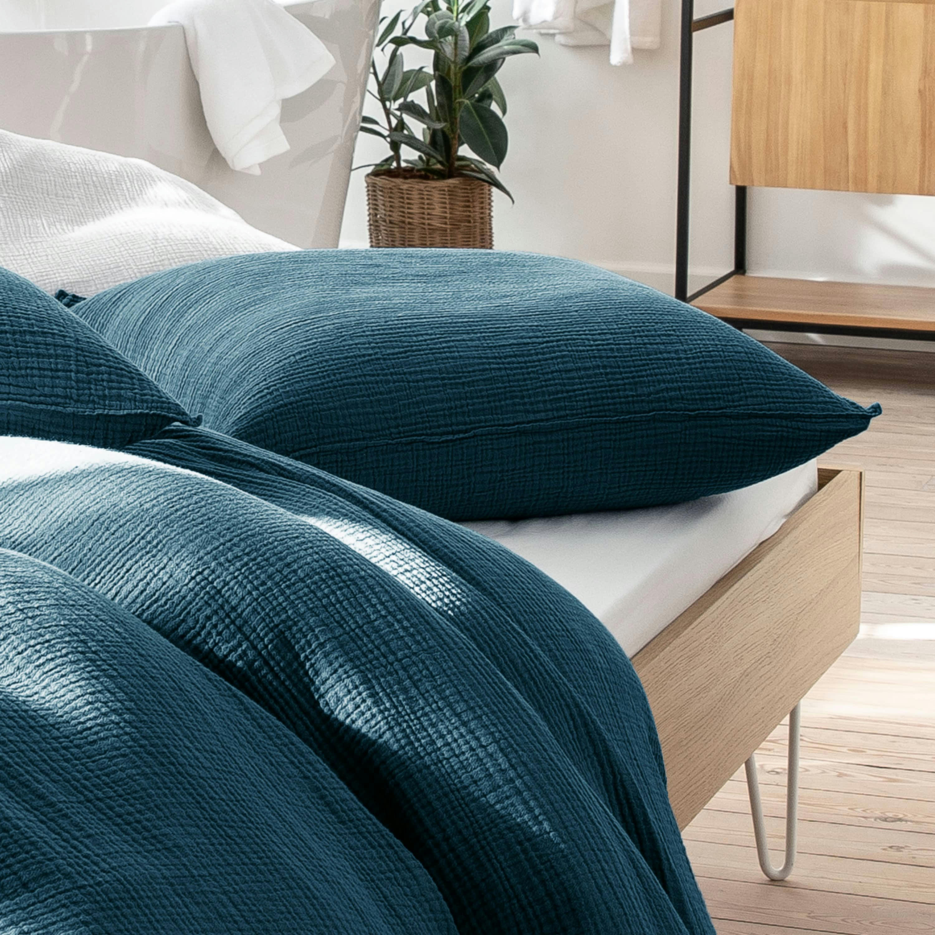 SIMPLEMENT GAUFRÉ - Housse de couette en gaze de coton 240x220cm Bleu Paon