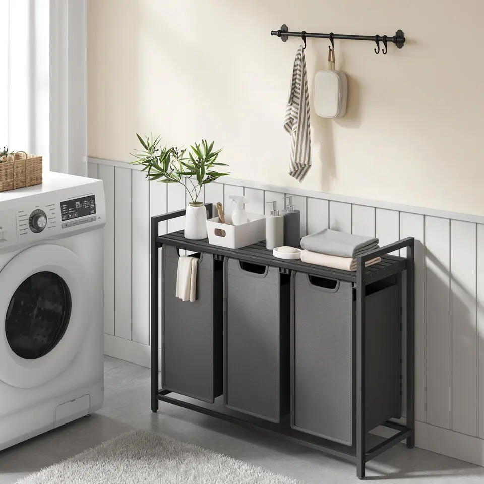 Wasmand - 3 Vakken - 3 x 38 L - 92,5 x 33 x 72 cm - Metaal - Zwart/Grijs