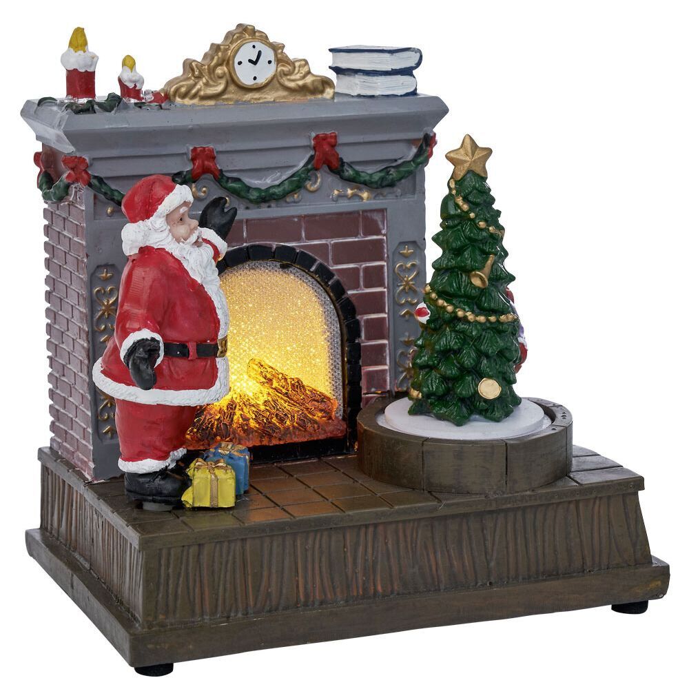 Scène de No&euml;l lumineuse 1LED Père No&euml;l devant cheminée 15,5x11xH16,5cm