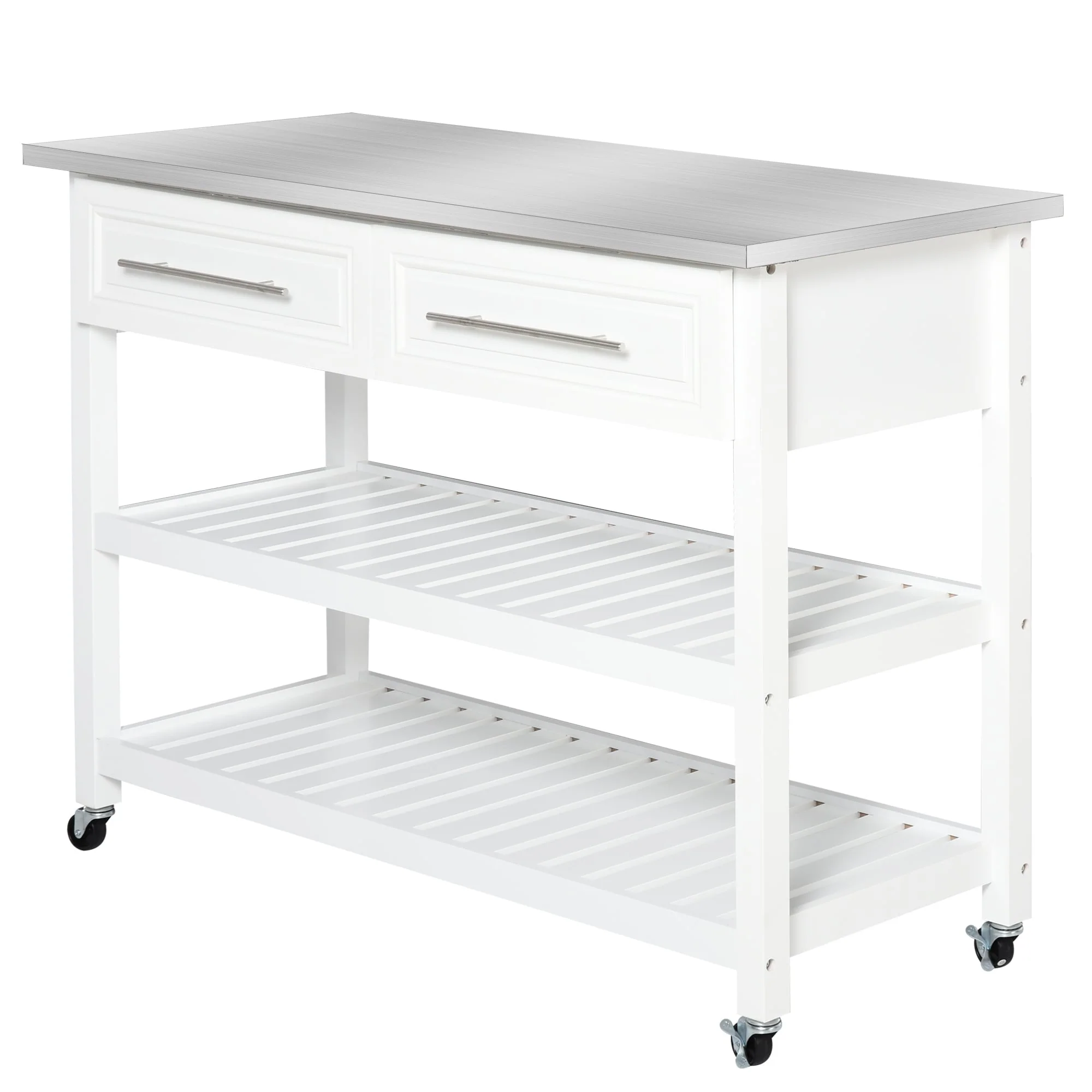 HOMCOM Stainless Steel Top Kitchen Island Rolling Utility Cart with Drawers & Shelves - White