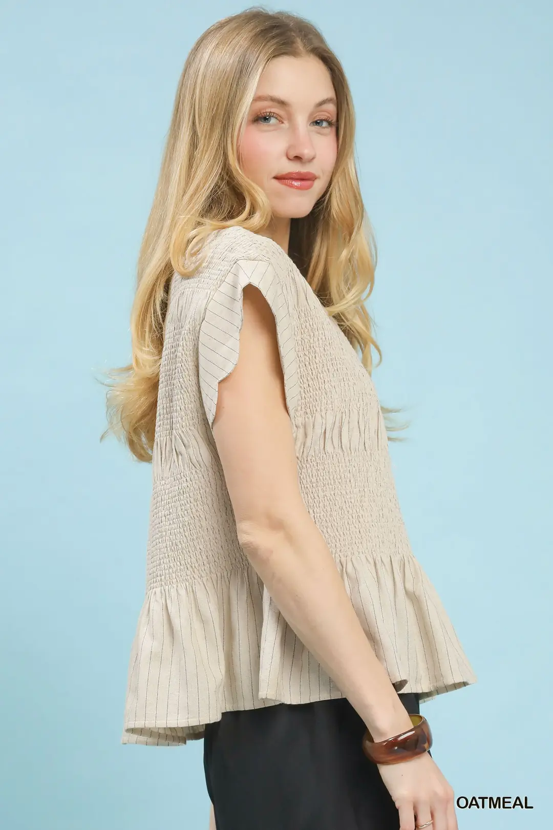 Pinstripe Smocked Peplum Top