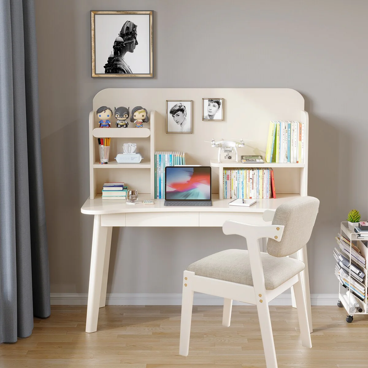 Kids Desk with Chair, Student Desk Multi-Tier Organizer, Solid Wood Bookshelf with Drawers