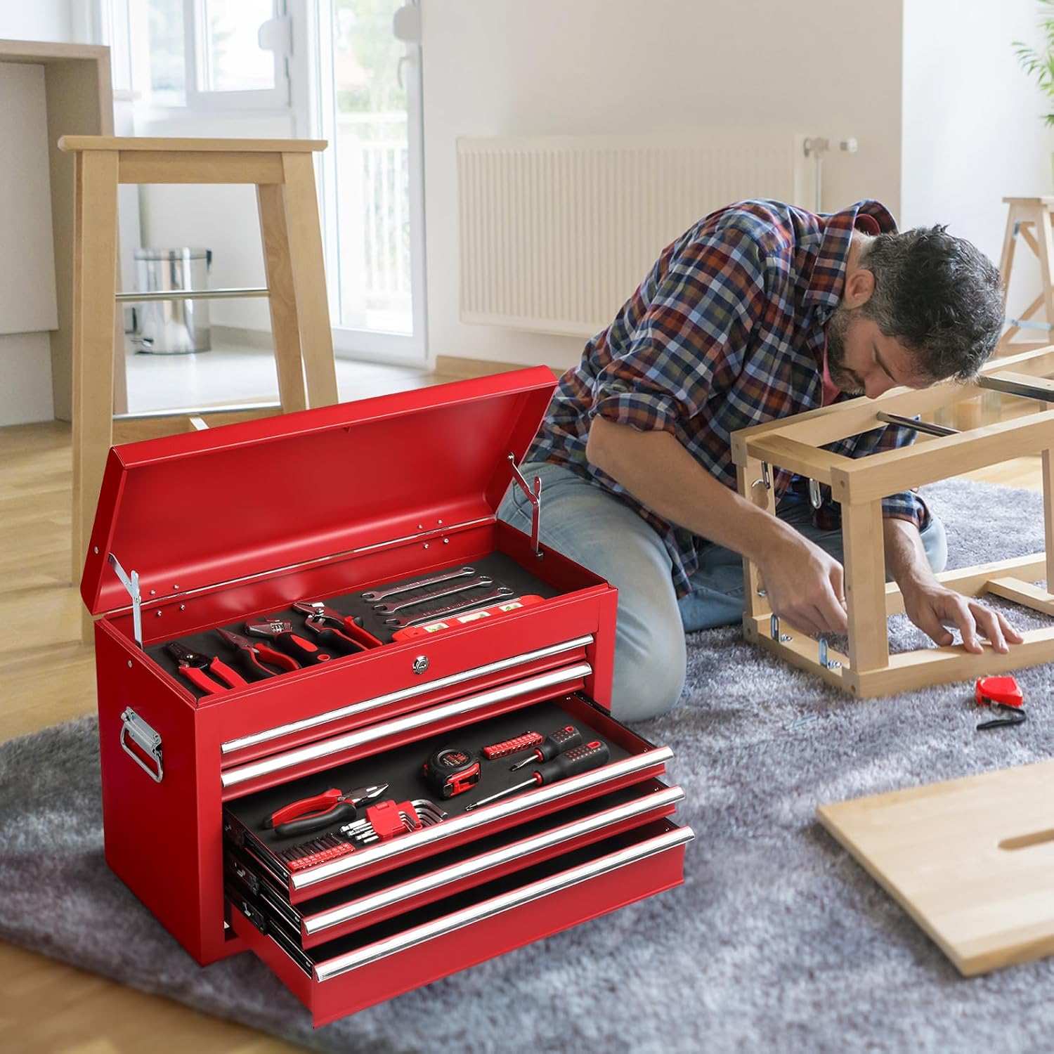 Winado 24 Metal Tool Box, Portable 5 Drawers Toolbox with Top Storage Tray, Carry Handle, Ball Bearing Runners, Lockable Tool Chest Cabinet for Garage, Warehouse, Repair Shop & Home, Red