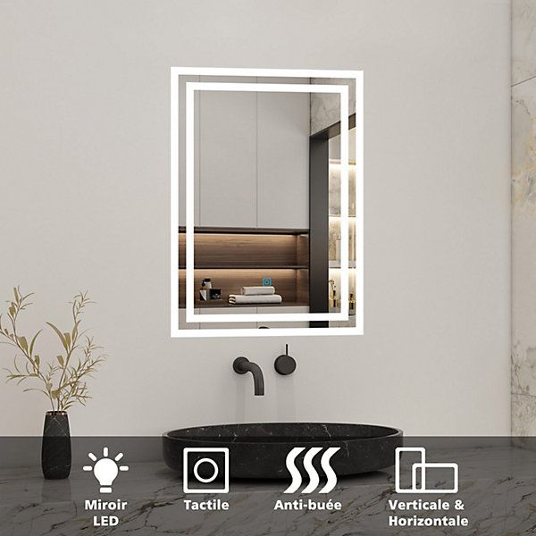 Miroir de salle de bain led tactile, 70x50cm illumination LED intégrée avec fonction anti-buée Blanc froid, AICA SANITAIRE